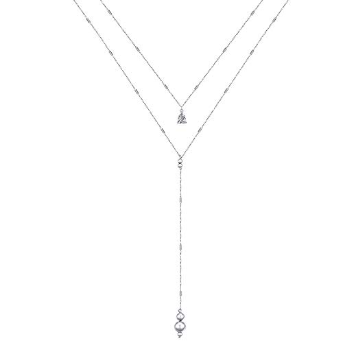 FLYOW Mother's day Gifts Double Layered Teardrop Choker Necklace S925 Sterling Silver Y Lariat Necklace for Women Drop Dainty Long Necklace