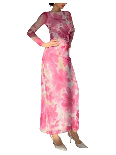Image of Milumia Women's Floral Print Sheer Dress Crew Neck Long Sleeve Bodycon Maxi Dresses