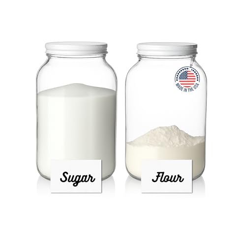 kitchentoolz Glass Flour & Sugar Jar Set - Large Gallon Glass Jars with Airtight Lids- Containers for Pantry Storage - Big Mason Jars & Caps Made in USA