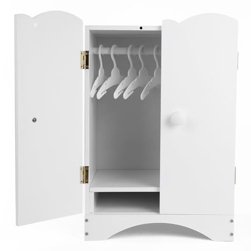 Wooden Baby Dolls Closet with 10 Hangers & Shelf 12-16 Inch Doll Wardrobe for Baby Doll Clothes Storage Magnetic Closure & Easy Assembly Baby Doll Accessories Furniture