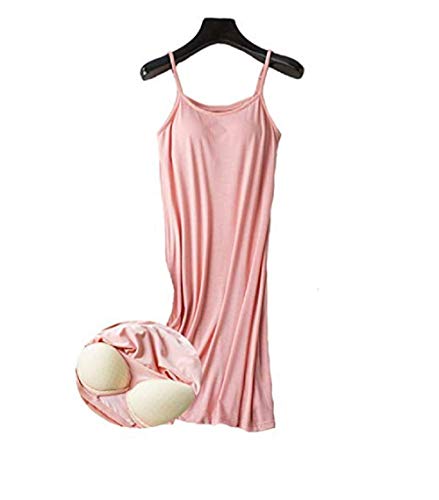 Women Full Slips Modal Cotton Blend V Neck Straight Dress Nightwear With Built-In Padded Bra (Xl, Pink) #TOP4