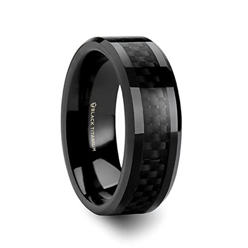 Thorsten Mens Black Titanium Carbon Fiber Ring | Inlaid, Beveled Comfort Fit | Carbon Fiber Titanium Band for Men | Durable, Sleek | OXYN | 6mm & 8mm Wide | Stylish, Available in Multiple Size