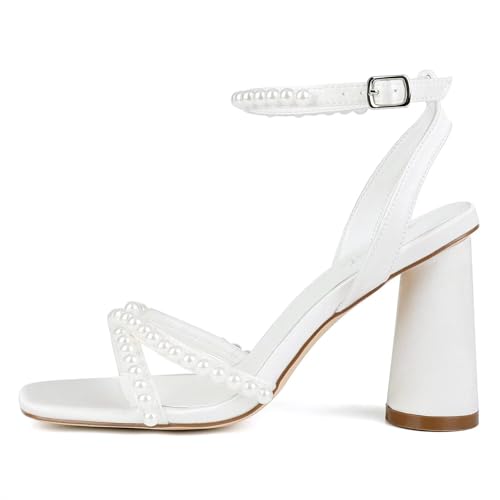 Block Heel Wedding Shoes for Bride Ankle Strap Bridal Shoes Square Toe Heeled Sandals Pearl Heels3
