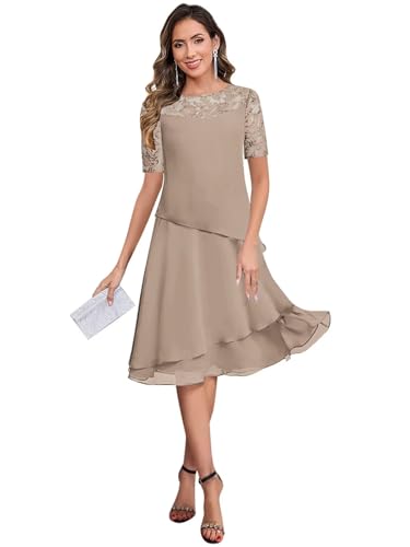 Women's Short Sleeve Tea Length Mother of The Bride Dresses for Wedding Ruffle Chiffon Lace Formal Dress4