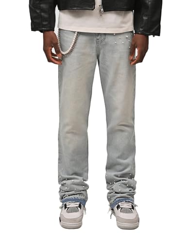 Mens Y2k Rhinestone Jeans Denim Pants Slim Fit Straight Leg Jeans Ripped Pant Sparkly Pearl Trousers Streetwear