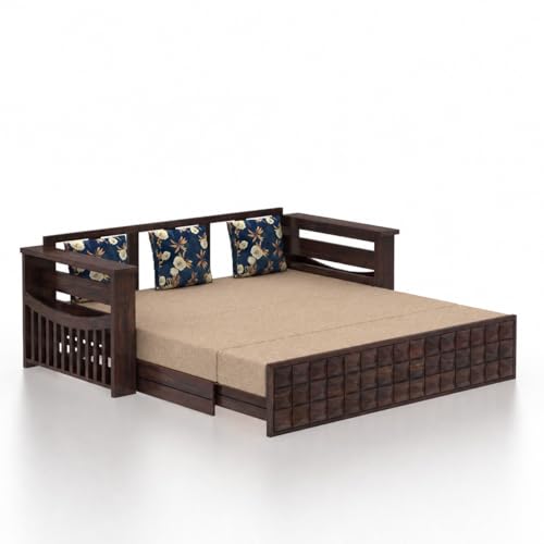 Image of Ganpati Arts Solid Sheesham Wood 3 Seater Diamond Sofa Cum Bed with Side Pocket for Living Room Bedroom Wooden Bedroom Furniture for Home 1 Year Warranty (Walnut Finish)