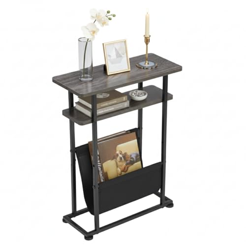 ZEXVIDA Pequeña mesa auxiliar para espacios pequeños, mesa de centro delgada con soporte para revistas, aparador estrecho 2 en 1, sala de estar, mesita de noche fina para dormitorio con estante (gris)
