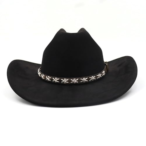 Image of Western Suede Cowboy Hat for Women Men Wide Brim Classic Cowboy Cowgirl Hat with Buckle Belt Felt Fedora Hat