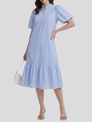 Image of Summer Floral Midi Dress for Women Spring Puff Short Sleeve Button Down Flowy Boho Dresses