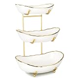 MEIGLQEA White Ceramic 3 Tier Modern Fruit Bowl with Metal Stand, Tiered Fruit Tray for Kitchen Counter, Snacks Nuts Bread Candy Storage