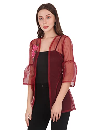 Image of UNFAKENOW Women Floral Embroidered Pearl Embellished Net Shrug