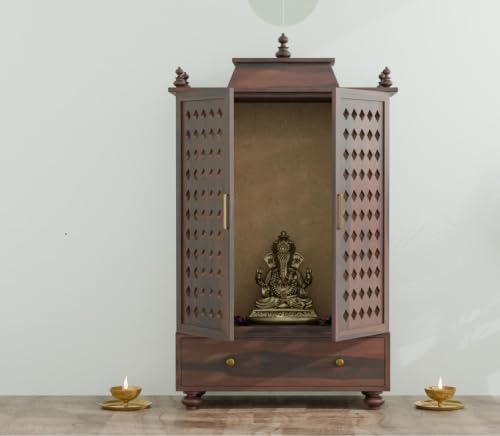 Image of Solid Sheesham Wood Temple for Home & Office /Mandir /God Stand /Pooja Stand /Home Mandap /Mandapam with Cabinet Doors & Multiple Storage (Walnut-1, Large)