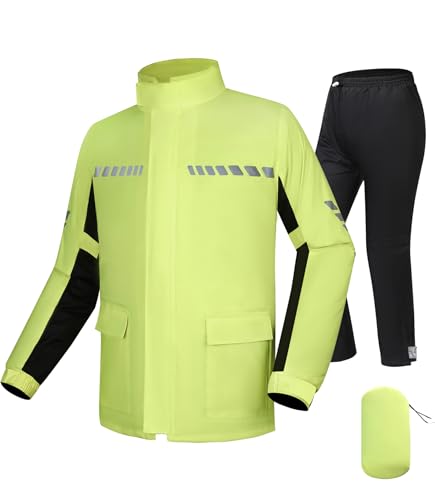 CTBQiTom Traje de Lluvia, Equipo de Lluvia Liviano para Motocicleta con Chaqueta Reflectante y Pantalones,Ropa Impermeable y Transpirable,Hi-Vis Amarillo,XXL