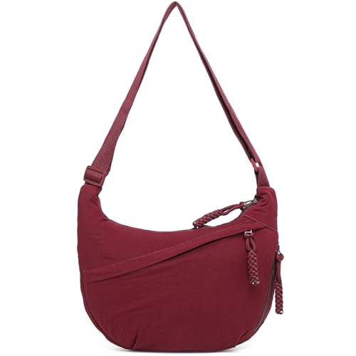 Sanxiner Bolsa tiracolo crescente feminina, bolsa Hobo de nylon folgada, bolsa de ombro espaçosa, bolsa tiracolo, 1 vinho tinto