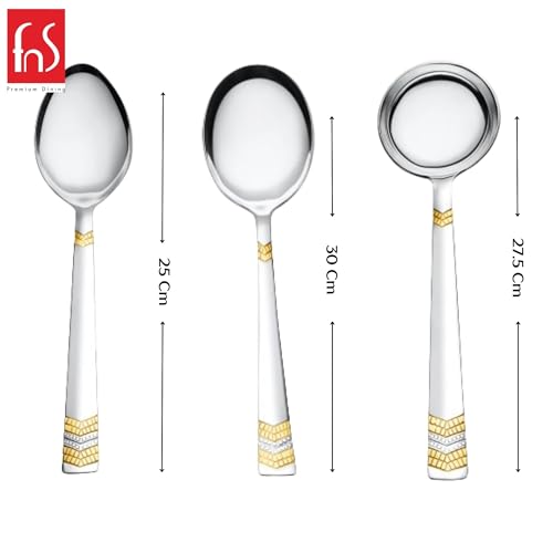 Image of FnS 3 Pcs Stainless Steel Serving Spoon Set | 24 Karat Gold Plated | 1 Large Serving Spoon, 1 Large Veg Serving Spoon & 1 Ladle | Kitchen Serving Utensils for Home, Dining, Restaurant & Hotel (Raga)