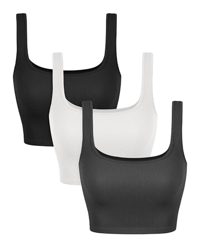 Image of ODODOS 3-Pack Seamless Square Neck Crop Tank for Women Ribbed Knit Soft Low Back Cropped Tops