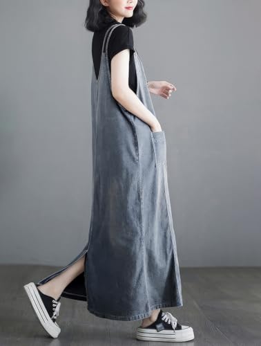 Image of ebossy Women's Sleeveless V Neck Denim Overall Jumper Dress Casual Loose Double Spaghetti Straps Midi Jean Dress
