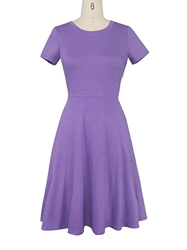 Image of oxiuly Women Casual Dress Round Neck Soft Cotton Floral A-Line Midi Summer Dresses with Pockets OX262