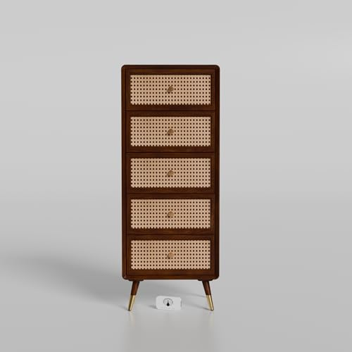 Image of Solid Sheesham Wood Chest of 5 Drawers | Multipurpose Console Dresser with 5-Compartment Storage Cabinet with Rattan Cane Design for Bedroom, Living Room & Office | Walnut Finish
