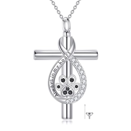 TIGER RIDER Dog Pet Urn Necklace for Ashes Sterling Silver Double Paw Print/Cross/Dog with Girl/Infinity/Cat/Sunflower Memorial Ash Keepsake Cremation Jewelry Gifts for Women pet Lovers