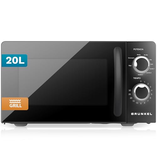 Grunkel - Microondas con grill de 20 litros y 700W de potencia con 5 y 6 niveles de potencia y temporizador de 60 minutos color negro