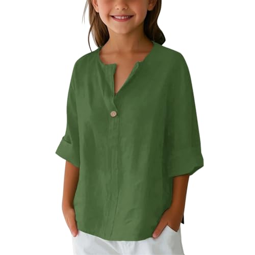 Kids Toddler Girls Linen Shirt Button Solid Color Down V Neck Solid Blouse 3/4 Sleeves Casual Loose Fit
