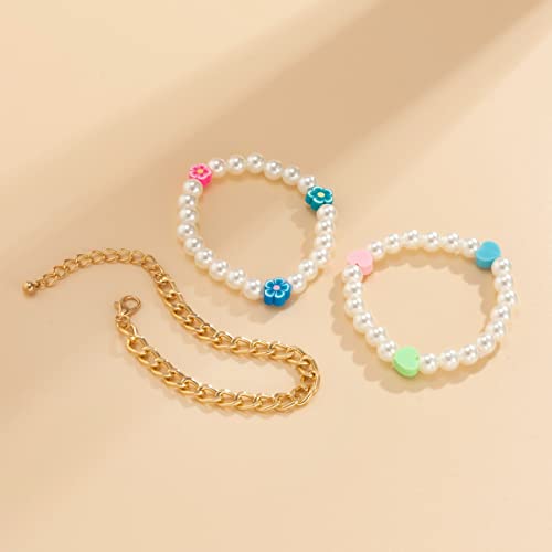 Set de 3 bracelets chaînes perles d'imitation et pendentifs fleurs - 5