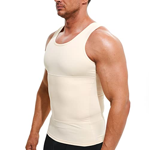 Mens Compression Shirt Slimming Undershirt Body Shaper Vest Workout Tank Tops Shapewear Abs Abdomen Beige M