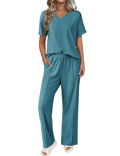 Image of Ekouaer Pajamas for Women Set 2 Piece Short Sleeve Tops with Long Pants V Neck Soft Pjs Casual Lounge Set with Pockets