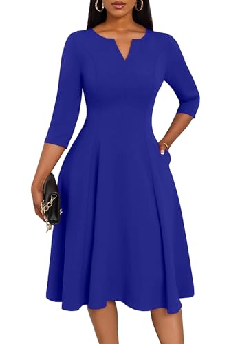 Nmoder Midi Dresses for Women A-Line Fit and Flare Casual Dress 3/4 Sleeve V Neck Cocktail Wedding Guest Work Dress with Pockets Royal Blue M