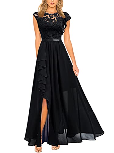 Minetom Femme Dentelle Robe de Soirée Longue Elégante Col V Asymétrique Mousseline de Soie Cérémonie Cocktail Fête Robes B Noir XS