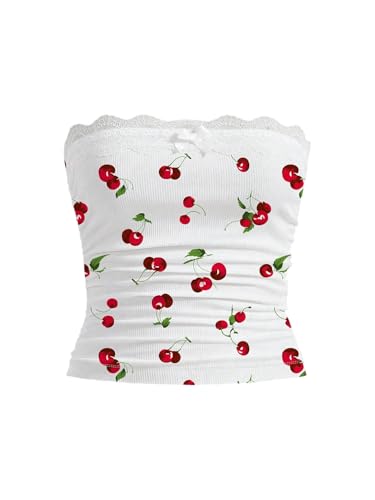 WDIRARA Women's Plus Size Cherry Print Tube Tops Lace Trim Ruched