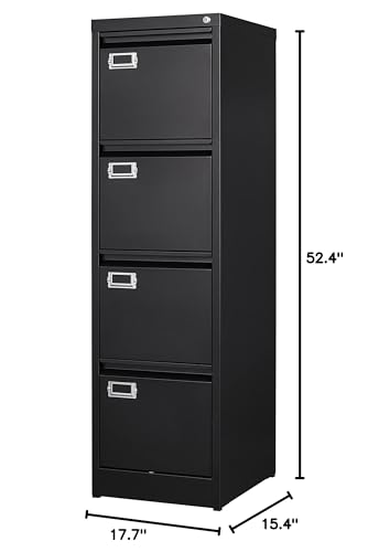 4 Drawer File Cabinet with Lock Metal Vertical File Cabinet Office Home Vertical File Cabinet for A4 Legal/Letter Size Narrow File Cabinet Locked,Assembly Required (Black, 4 Drawers- Vertical)