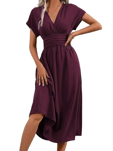 LIAMERHE Robe D'été Femme Élégante Col en V Manches Courtes Robe Casual Robes Solide Taille Haute Ligne A Robe Longue Décontractée Fuchsia M