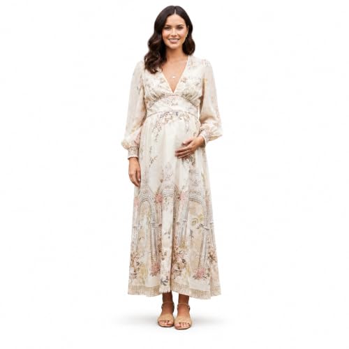 Cichic Women's Long Puff Sleeve Deep V Neck Printed Maternity