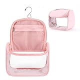 YFG Travel Toiletry Bag for Women & Men, Transparent Cosmetic Organizer with Hook, Portable, Organizer, for Travel-Sized Shampoo, makeup Accessories, Brushes Set, Conditioner, Medium Size Pink