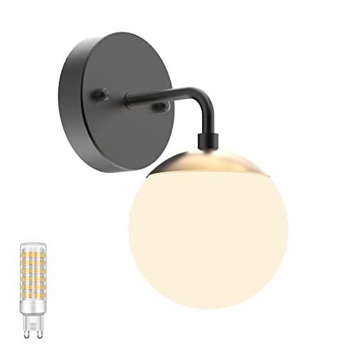 Tipace Black and Gold Wall Light,Mid Century Modern Globe Wall Sconce, Black Wall Sconce 1 Light for Restaurant Living Room Bedside Stairs Bathroom Mirror(3000K G9 Bulb Include)