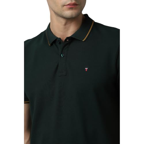 Image of Louis Philippe Men's Slim Fit Single-Tuck Pique Stylized Sleeve Print and Contrast Tipping Half Sleeve Solid Polo Tshirt