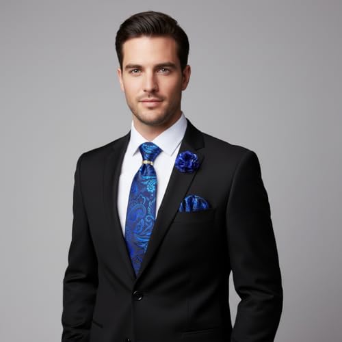 Image of 5PCS Tie and Pocket Square for Men, Silk Necktie and Handkerchief Cufflinks with Gold Ring and Lapel Pin Set