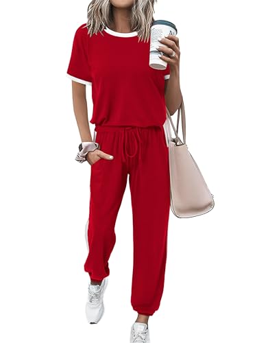 MASCOMODA Womens 2 Piece Outfits 2025 Summer Tracksuit Sets Short Sleeve Tops Travel Long Pants Jogger Lounge Set(Red,Small)