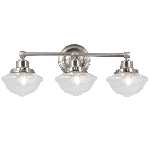 Image of Design House Vintage-Inspired Schoolhouse 3-Light Dimmable Vanity Light, 23.125 in x 7.625 in x 9.5 in, Satin Nickel, Clear Seeded Glass Shades, 589143-SN