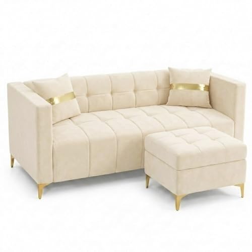 Image of FURNY Styliving 4 Seater L Shape Sofa Set with Movable Ottoman & Golden Legs | Flexible Left or Right Layout | Plush Velvet Fabric (Cream) | Perfect for Living Room, Guest Room & Office