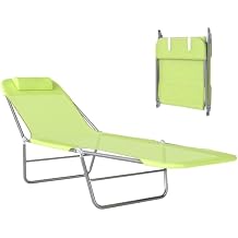 Outsunny Folding Chaise Lounge Pool Chairs, Outdoor Sun Tanning Chairs with Pillow, Reclining Back, Steel Frame & Breathable Mesh for Beach, Yard, Patio, Green