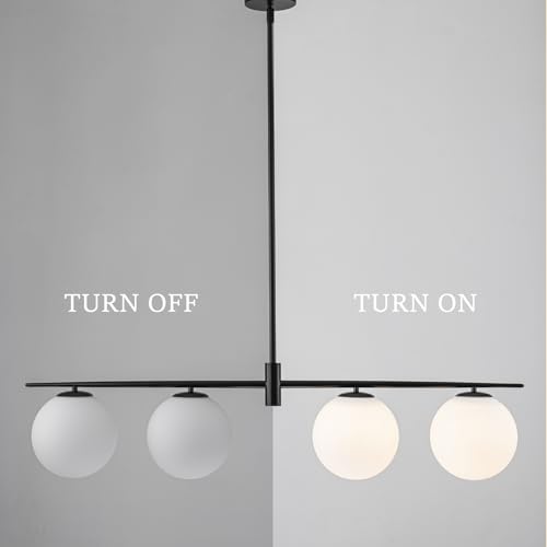 Image of Black 45.3 inch Linear Chandeliers for Dining Room 4-Lights Milk Glass Globe Large Modern Linear Chandelier for Kitchen Island Living Room, Mid Century Chandelier Light Fixture Over Table