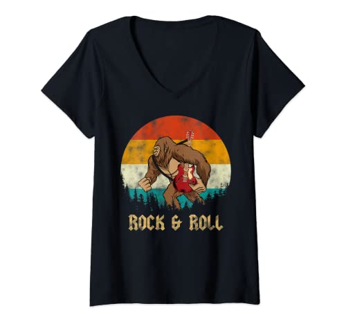 Mujer Vintage Sunset Retro Style Music Bigfoot Guitar Rock & Roll Camiseta Cuello V