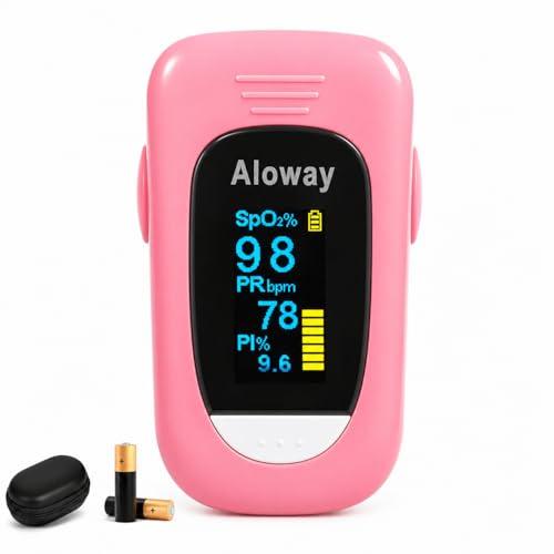 Pulse Oximeter OLED Display Oxygen Monitor Fingertip with Case Blood Oxygen Saturation Monitor (SpO2) with Alarm Batteries & Lanyard (Pink)