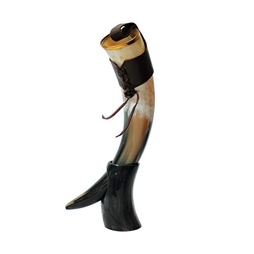 Loop Dryckeshorn ölmugg med stativ - äkta handgjorda vikingshorn för öl - original horn mugg med stativ och läderrem (naturlig finish | med hornstativ, 500 ml | 4,7 dl