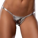 BODIY Women Low Rise Thong G-String Holographic Shiny Metallic Panties T-back Tanga Underwear for Ladies Bikini Rave Briefs (Silver)