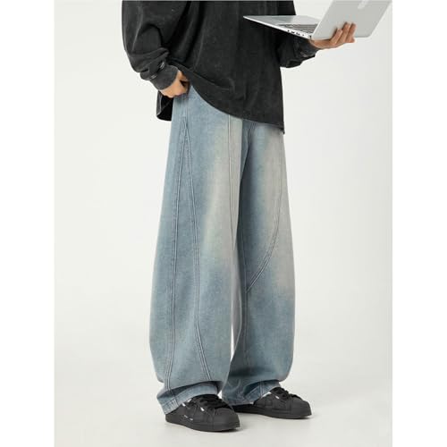 Men's Baggy Jeans Elastic Waist Pull On Denim Pants Irregular Sutures Skater Y2K Loose Wide Leg Jeans with Pockets3