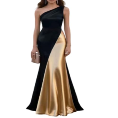 Women's One-Shoulder Mermaid Maxi Dress, Black and Gold